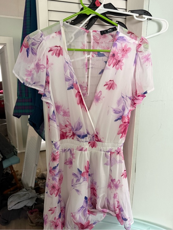 Trixxi Pants - Trixxi White Floral Surplice Romper with Pink & Purple Flowers